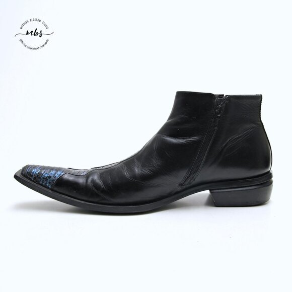 Juno Western Contrast‎ Stitch Croc Pointed Toe Side Zip Ankle Boots Black Men 9 main image 3